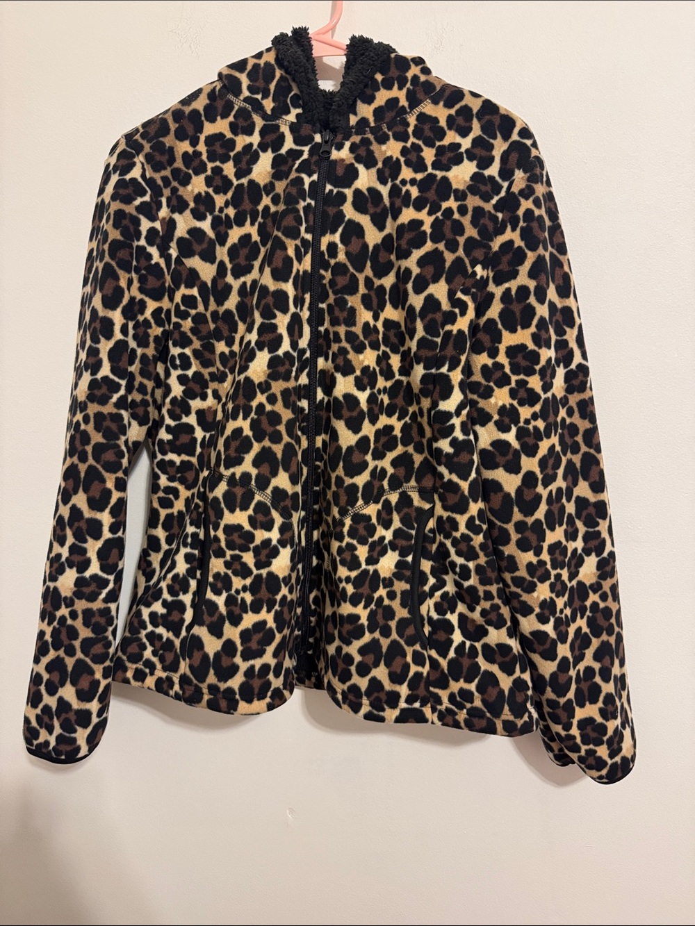 Faded Glory Leopard Print Teddy Jacket - Brown/Black/Cream
